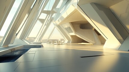 Obraz premium Empty futuristic interior with expansive windows.