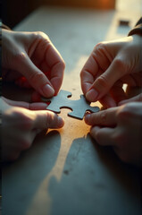 Two hands holding a piece of a puzzle, ready to be placed in its correct position