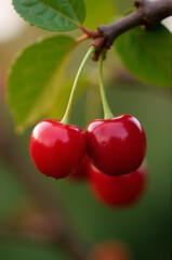 Two ripe red cherries hang from a branch, perfect for fruit or nature photography