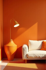 Cozy living space with orange walls, white sofa, and table lamp