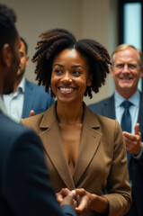 Group of professionals discussing ideas, great for corporate event or conference use