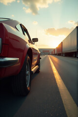 A red car drives down a road next to a truck, showing the journey and movement