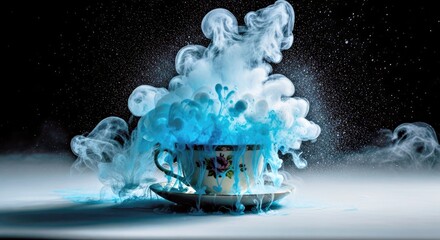 A vivid image showcasing blue liquid forcefully bursting from a teacup, surrounded by delicate wisps of smoke. This captures a moment of intense release and artistic movement.