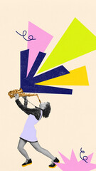 Young girl, talented virtuoso playing saxophone while leaning back with colorful rays and pastel geometric shapes on background. Playful conceptual artwork. Concept of music, sound, classic and modern