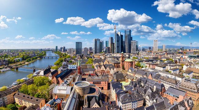 Wide, panoramic view of the skyline of Frankfurt, Germany, with old town, river Main and the financial office skyscrapers