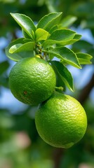 Verdant limes hanging from tree