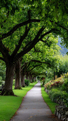 Verdant path tunnelled by trees