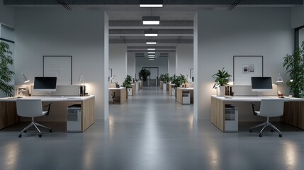Fototapeta premium A Spectacular View of a Spacious Open Plan Office with a Long Row of Desks Designed for Collaboration