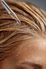 Extreme close-up of slicked-back wet blonde hair with dropper applying serum to scalp. Visible droplets, clean background, soft studio lighting, hyperrealism.