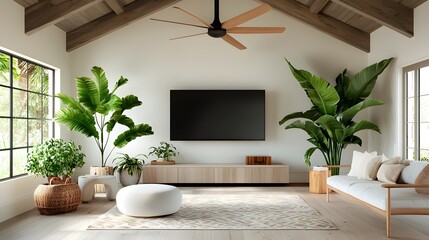 Rustic farmhouse inspired living room with natural elements