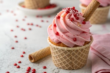 Pink Cupcake in Waffle Cone with Red Sprinkles, Delicious Dessert
