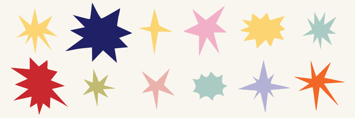 Fototapeta premium Collection of retro futuristic icons and stickers, pastel Set of stars in shape. Abstract sign design with cool glitter effect. Templates for design, posters, projects, banners