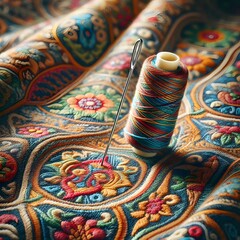 needle and thread roll on rug with intricate designs 