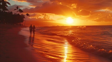 Fototapeta premium At dusk, tourists on the beach admire the sunset
