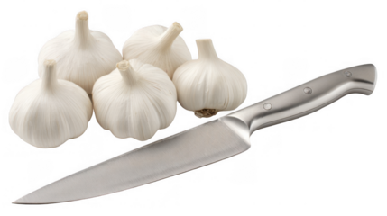 Five whole garlic bulbs arranged beside a large chef knife on a transparent background, creating an inviting scene for food preparation and culinary creativity