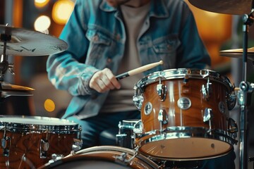 Obraz premium A drummer is intently playing in the recording studio, with soft background instruments and equipment