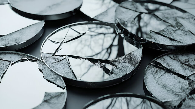 A series of fragmented mirrors reflecting broken images, symbolizing the fractured nature of truth and the multiplicity of perspectives