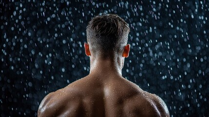 A muscular figure stands in the rain, with droplets cascading down against a dark backdrop, emphasizing strength and resilience.