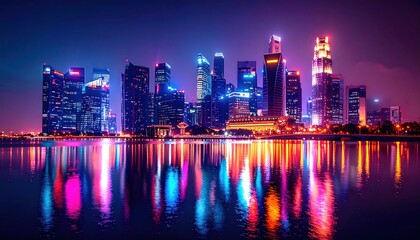 Fototapeta premium Vibrant cityscape illuminated at night reflects in the tranquil waters below