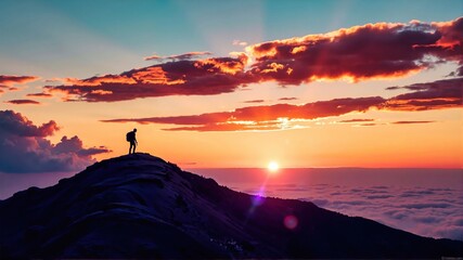 Hiker on Mountain Peak at Sunset