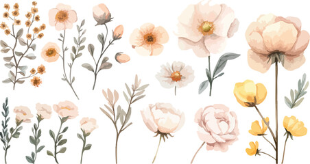 Watercolor Floral Set with Delicate Peach Yellow and White Flowers and Greenery Perfect for Wedding Invitations Greeting Cards or Botanical Designs on a White
