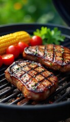 Juicy grilled steaks sizzling on a hot grill, alongside vibrant vegetables and corn on the cob, ready to be served A summer feast awaits!, delicious, smoke
