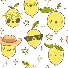 Cute lemon character vector illustration, seamless pattern with kawaii lemons fruits