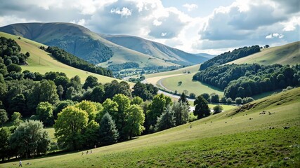 Serene Mountain Valley Landscape with Rolling Hills and Lush Greenery