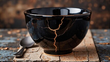 Cracked Black Ceramic Bowl with Golden Repair on Rustic Surface