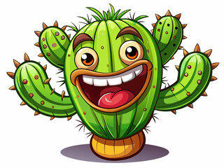 Obraz premium Vector cartoon illustration of a funny cactus character with expressive face and playful pose perfect for stickers, kids’ content, plant branding, and fun designs