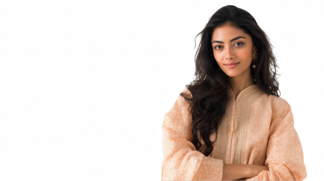 Confident south asian model posing in a traditional outfit against a transparent background, showcasing cultural fashion with elegance and poise