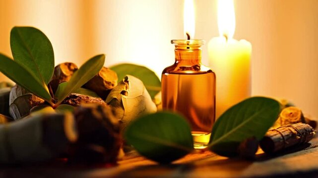Relaxing atmosphere with essential oils and calming candles for wellness and tranquility