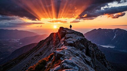 Sunset on Mountain Peak with Silhouette of Hiker