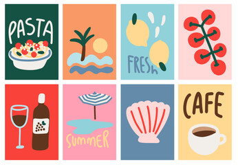 Summer Mediterranean Lemon Tomatoes and Pasta Vector Collection for Ads, Covers, Social Media Graphics, Shop, Discount, Sale and Flyer Decoration	