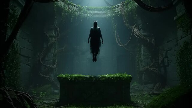 Mysterious figure levitating in an ancient, overgrown temple with vines and shadows