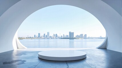 Modern Architecture with Cityscape View Through Oval Window