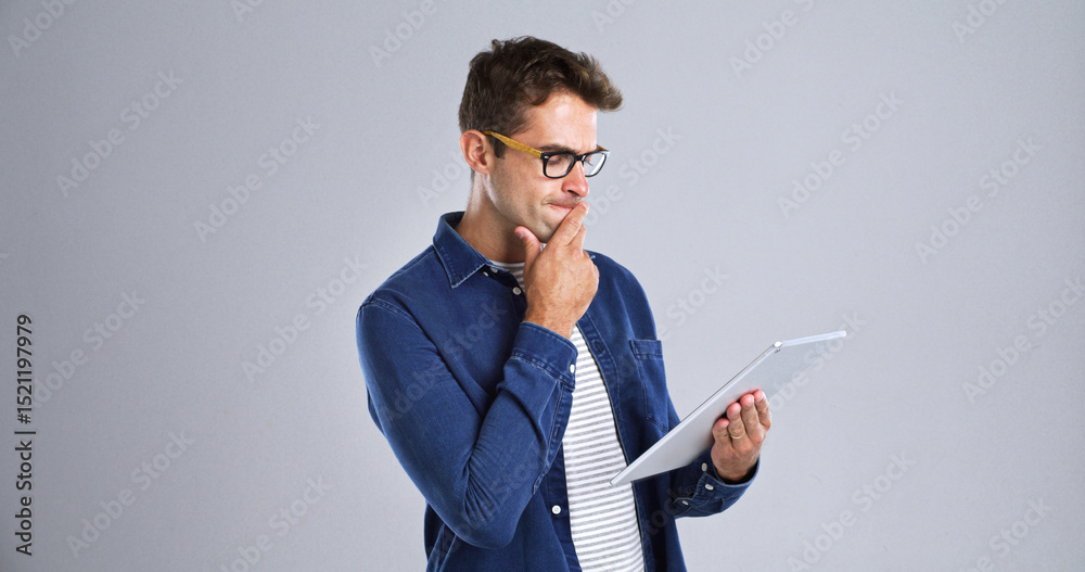 Leinwandbilder Programmer, tablet or man with thinking in studio for software glitch, planning or troubleshooting. Mockup, web developer and confused with coding mistake, system solution or test on white background