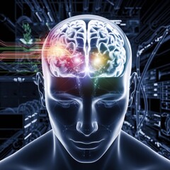 Hologram of a human head with a glowing brain, multi-colored zones inside symbolize neural activity and connections, representing the future of medicine, brain study, and intelligence exploration.