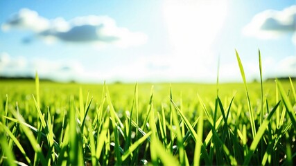 Close-up of Fresh Green Grass Under Bright Sky