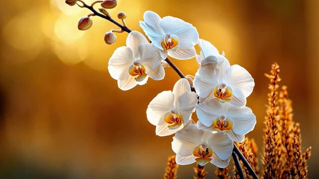 Orchid in bloom: Delicate white orchid blossoms, kissed by the warm glow, stand out against a soft-focus backdrop, showcasing natural elegance. 