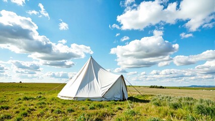 White Tent in Open Field Under Blue Sky