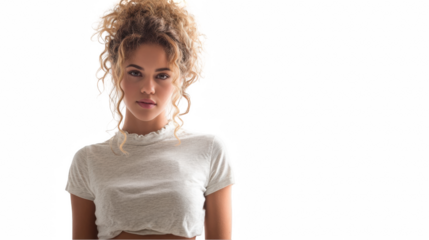 Fashion model posing with a soft expression in a light, short sleeved crop top, highlighting a trendy outfit against a transparent background for lifestyle projects