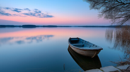 A tranquil lake reflects the soft gradient of a twilight sky, where shades of pink and blue blend seamlessly above the horizon. The water remains perfectly still, mirroring the pas