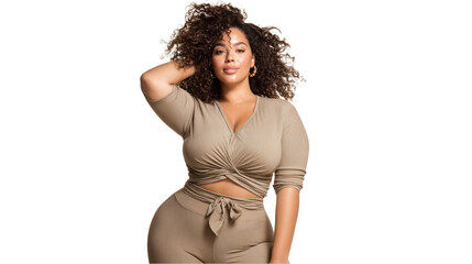Confident plus size latina fashion model posing with hand in hair, wearing an earth tone outfit on a transparent background, showcasing body positivity and inclusivity in fashion