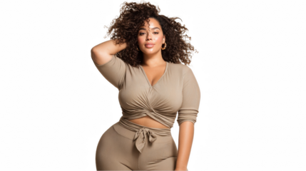 Confident plus size latina fashion model posing with hand in hair, wearing an earth tone outfit on a transparent background, showcasing body positivity and inclusivity in fashion