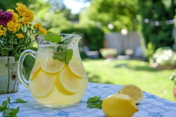 Refreshing homemade lemonade with lemon slice backyard garden drink photography sunny environment close-up viewpoint summer vibes