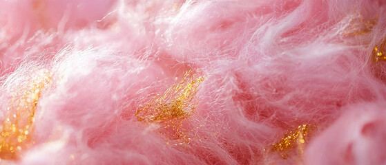 Fototapeta premium Soft pink abstract cotton texture with fluffy layers and delicate golden shimmer particles, evoking a cozy, ethereal feel. Whimsical background.