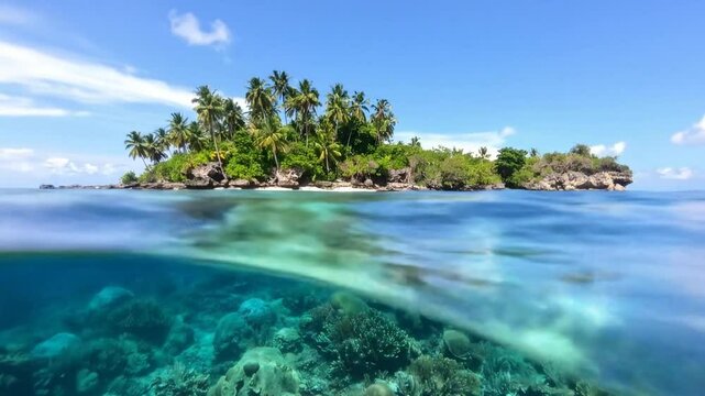 Tropical Island Paradise With Clear Water And Coral Reefs