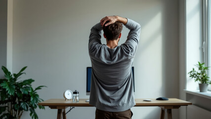 Work-life balance Young man standing modern workspace with hands head, feeling stressed or overwhelmed, with natural light from window
