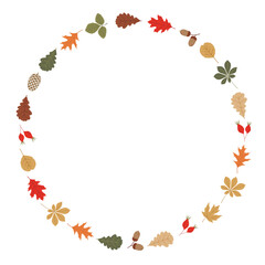 Vector circle autumn frame with colorful leaves, rose hips, acorns and pine cones on white background